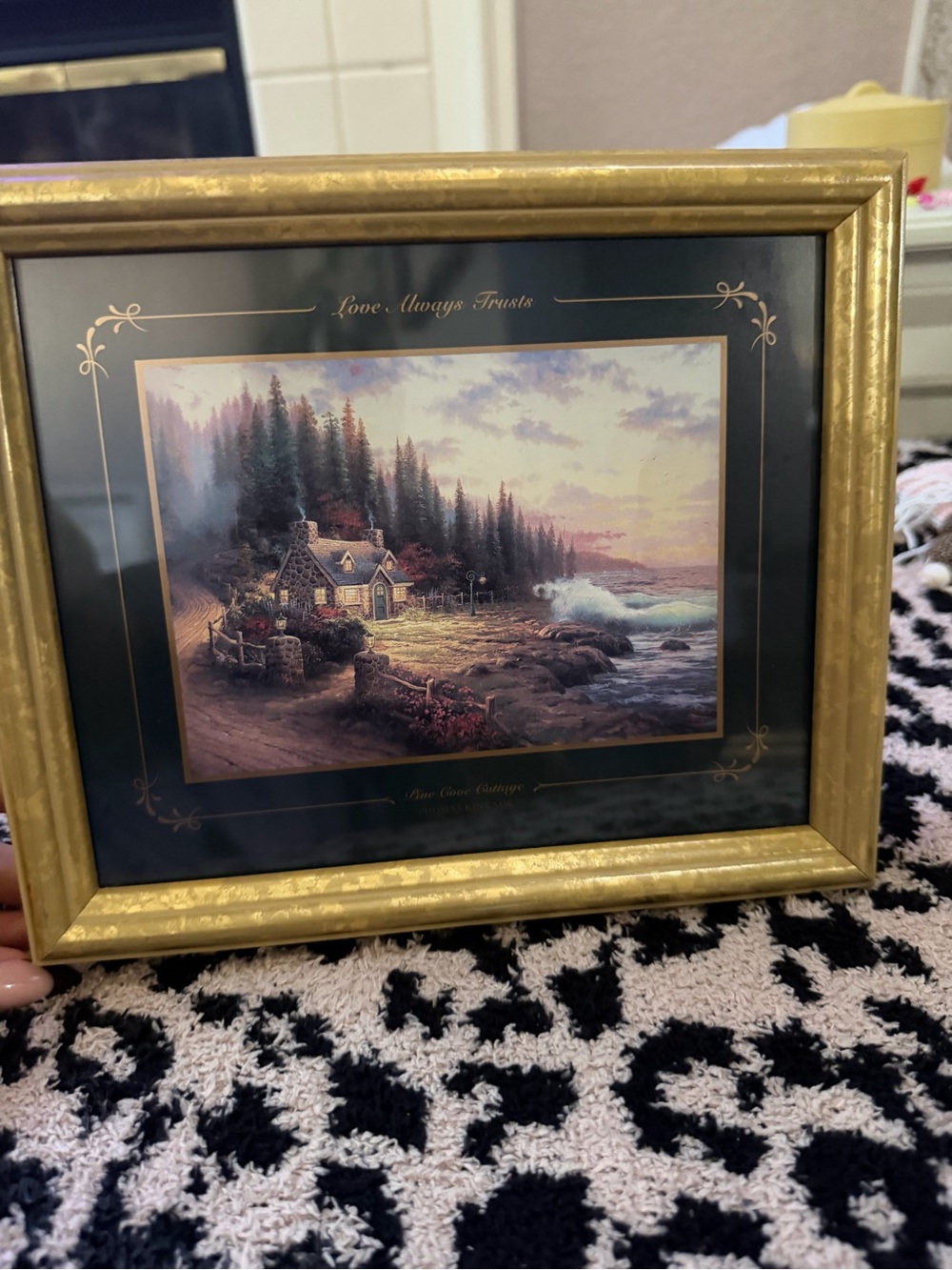 Thomas Kinkade Seaside Cottage — blue, green, gold, brown